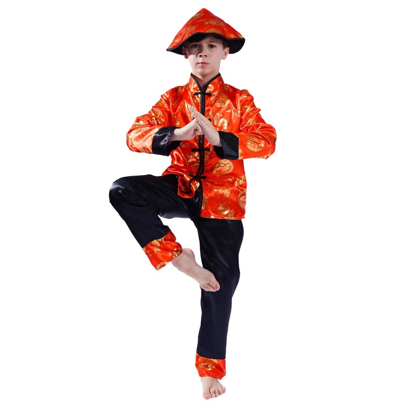 PGOND Boys Red Traditional Chinese Dragon Kung Fu Costume With Hat (L) - Image 1